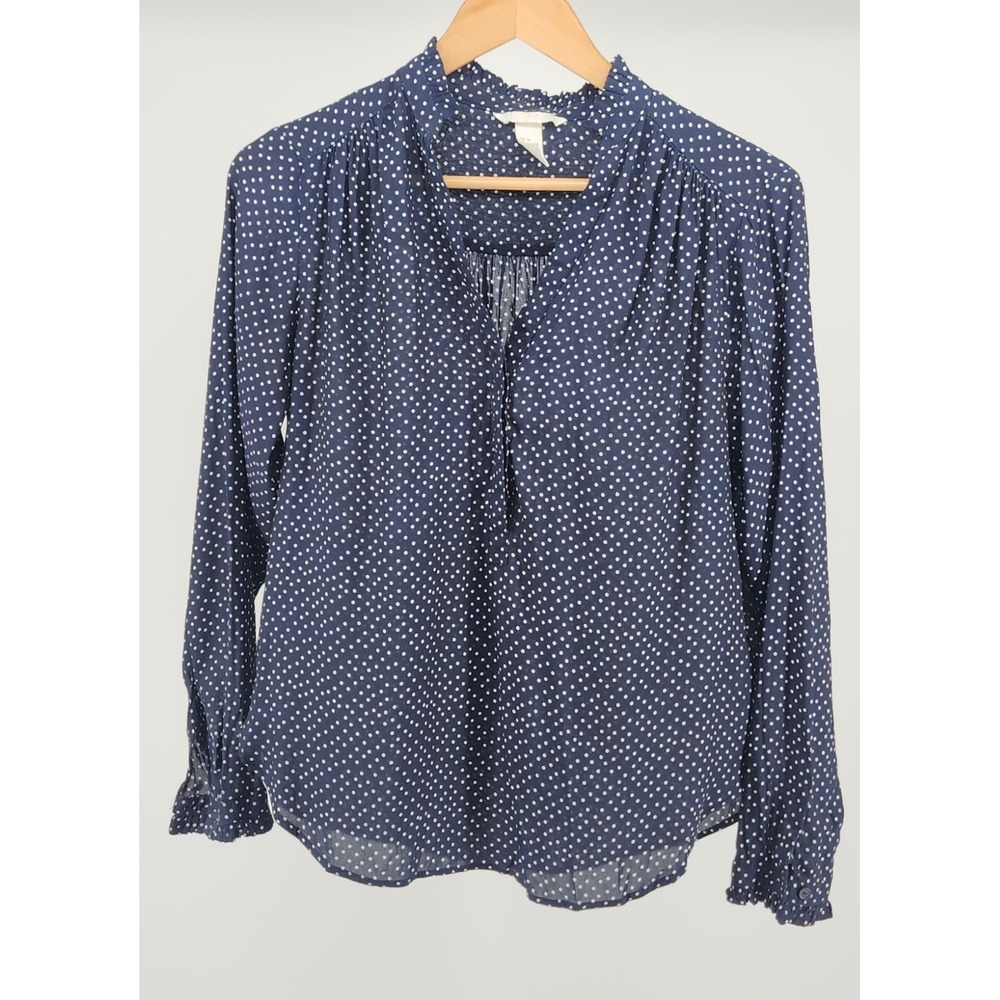 HM Navy Blue Polka Dot Ruffle Collar Blouse Long Sleeve V-Neck Top US 4
